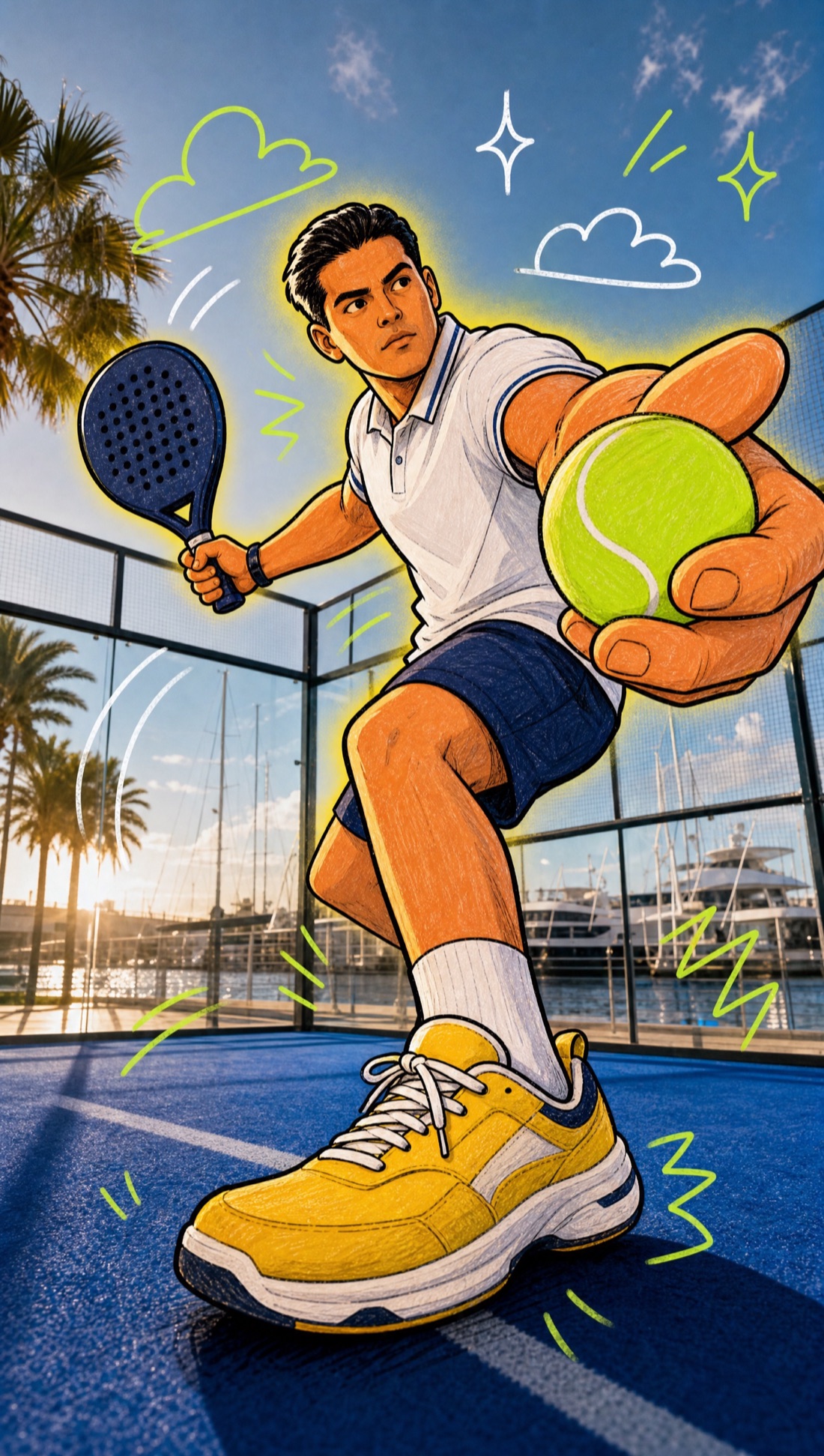 A padel player serving on a marina court