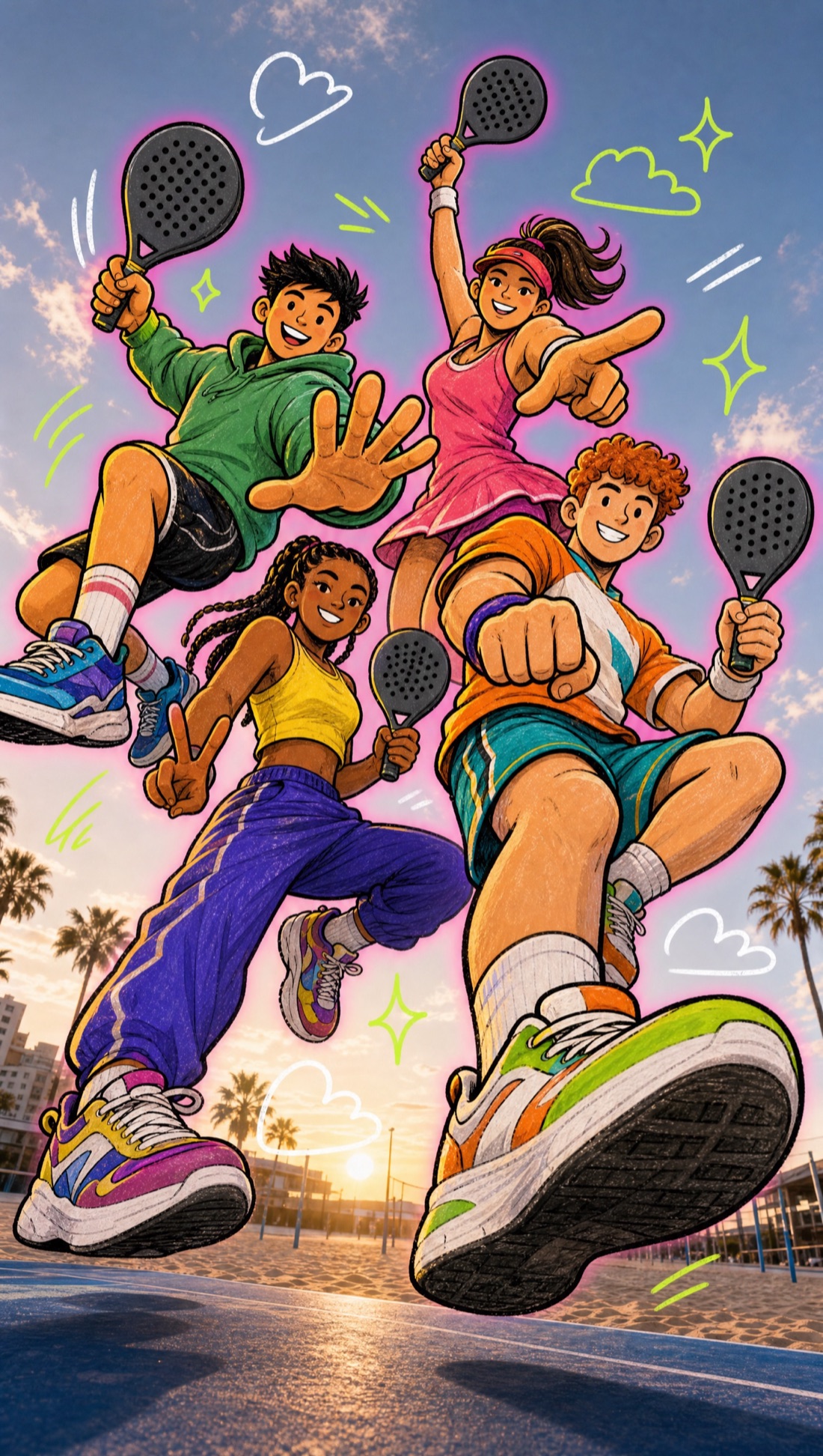 A team of padel players celebrating with a victory jump